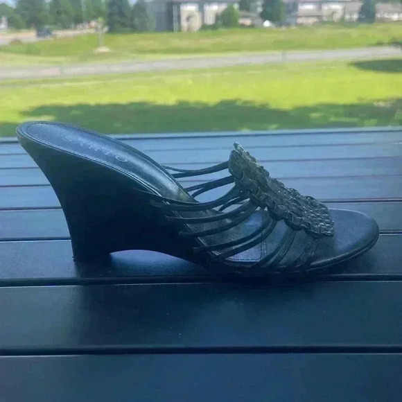 Franco Sarto Black Leather Strappy Boho Wedge Heels Size 8M - Picture 5 of 8